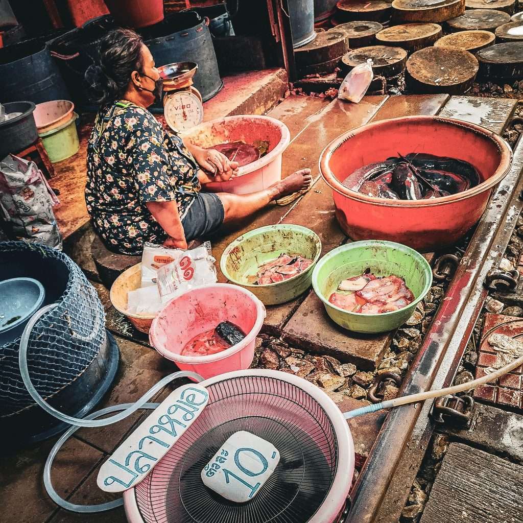 femme assise au milieu de bassines remplies de poissons au marche de mae klong
