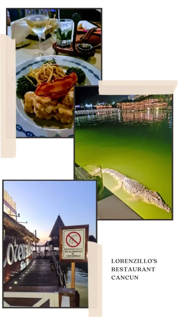 restaurant lorenzillo cancun plat de pates au homard crocodile dans le lagon