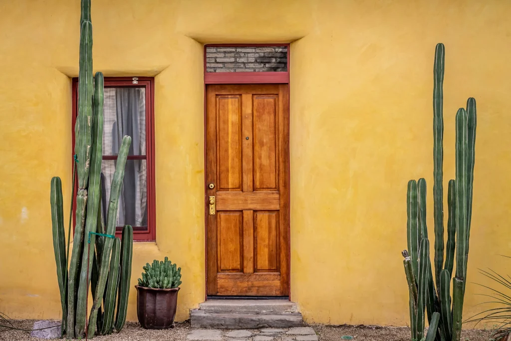 mur jaune typique du mexique porte marrons et cactus