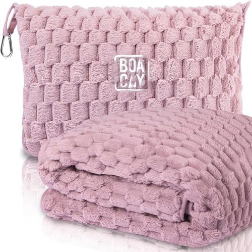 plaid rose de voyage matiere douce pliable et ransformable en coussin