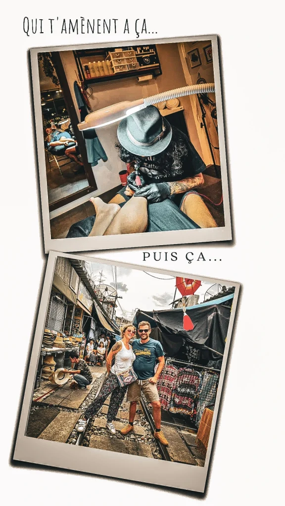 pele mele de photos session de tatouage et pause au marche du train a bangkok