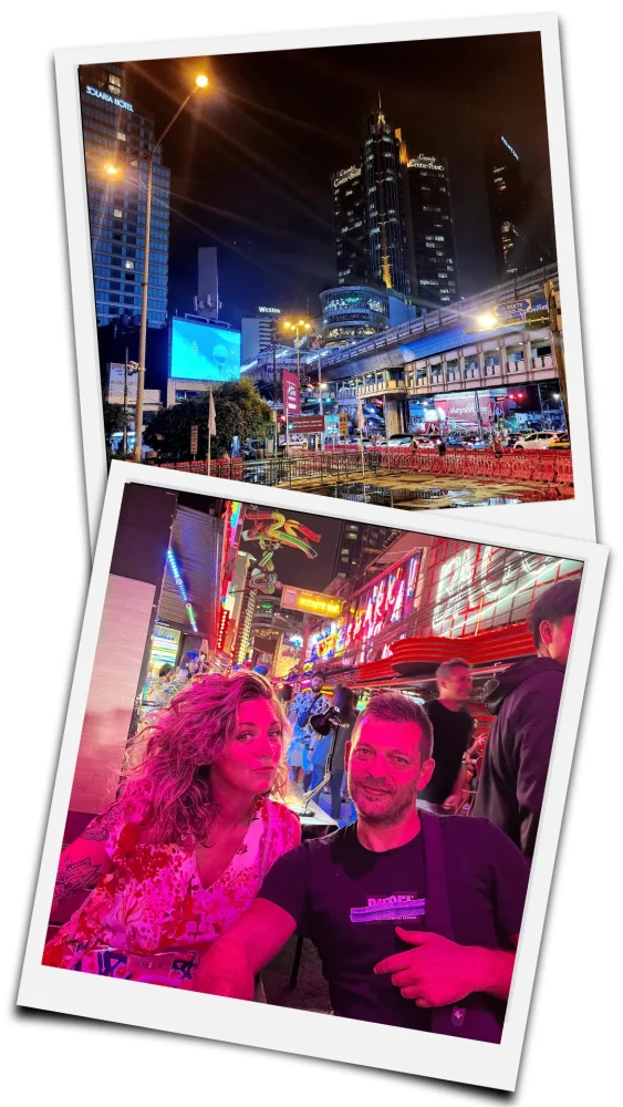 bangkok by night couple a soy cow boy et ville illuminée