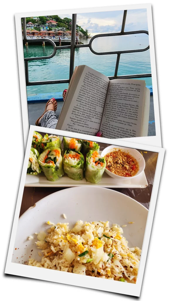 pause lecture sur le ferry entre koh phangan et koh samui et riz frit