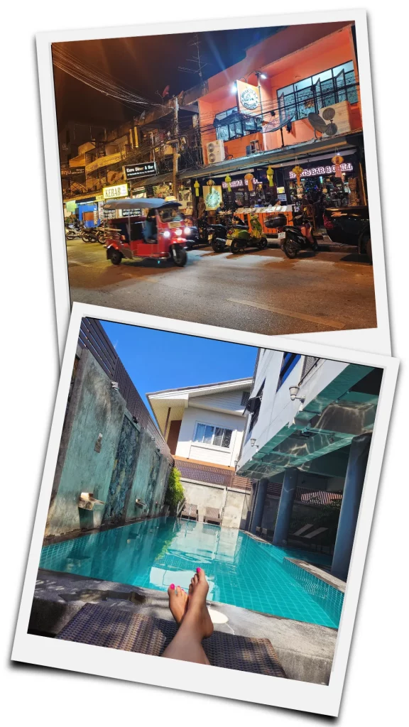 piscine d'hotel a chiang mais et tuk tuk dans une rue la nuit