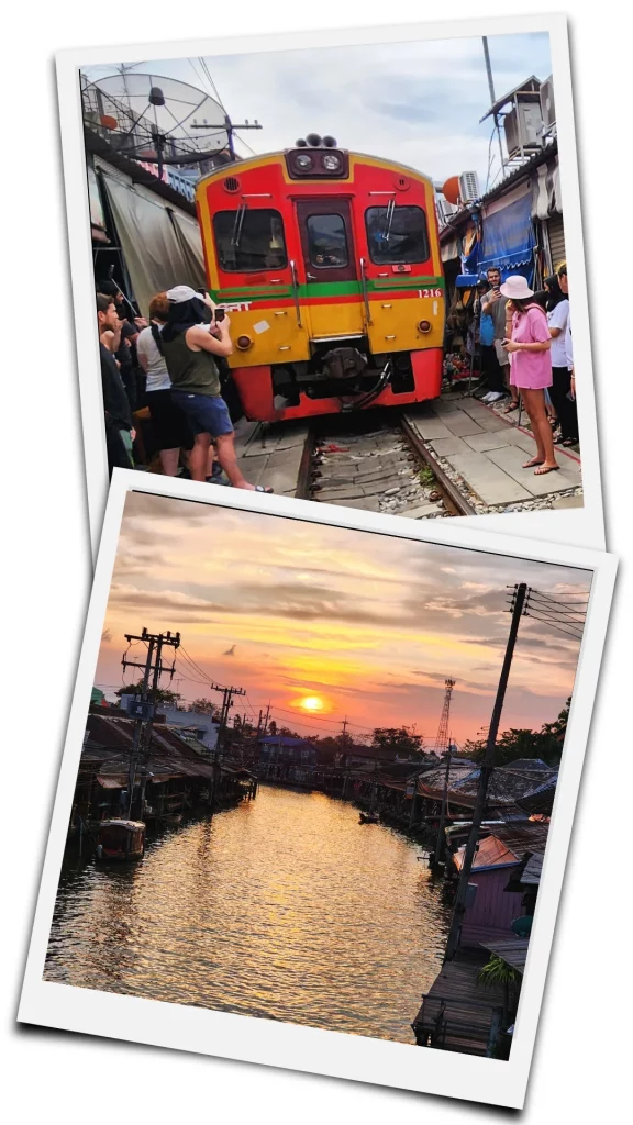 train au milieu du marché a mae klong et sunset a amphawa en thailande