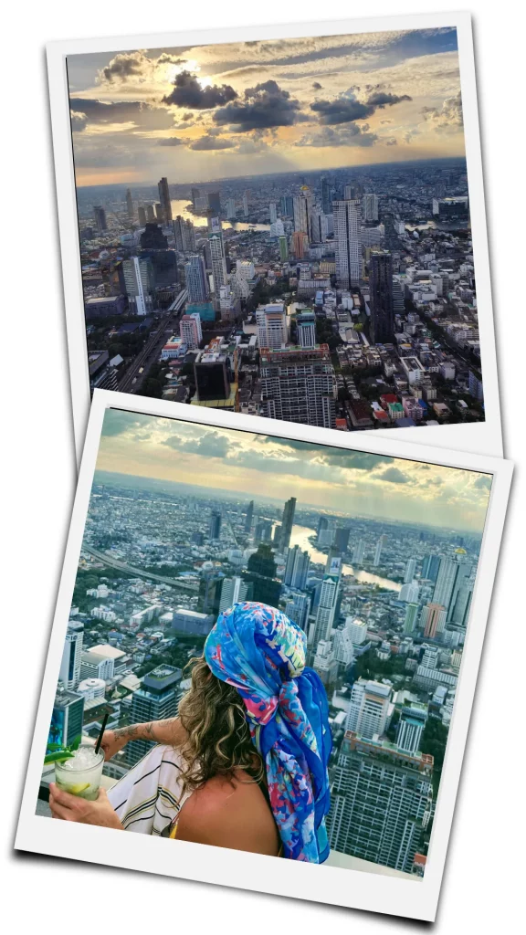 femme de dos en haut d'un building de bangkok vue de la skyline au couché du soleil