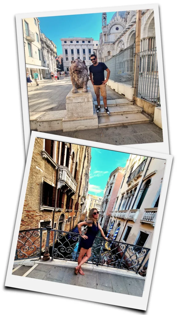 pele mele de photo a venise d'un homme et une femme posant devant les monuments