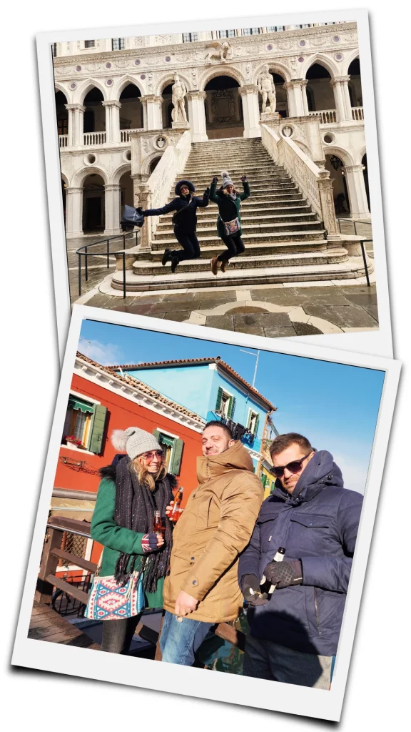 femme sautant devant un escalier et groupe d'amis emmitouflés a burano