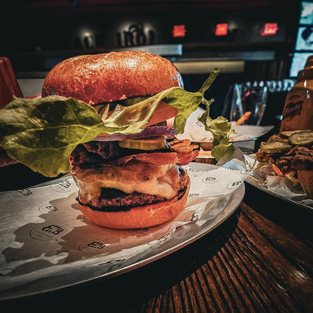 burger double steack avec salade posé dans une assiette blanche