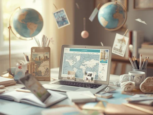 ordinateur ouvert sur un ecran de carte du monde organisation de voyage