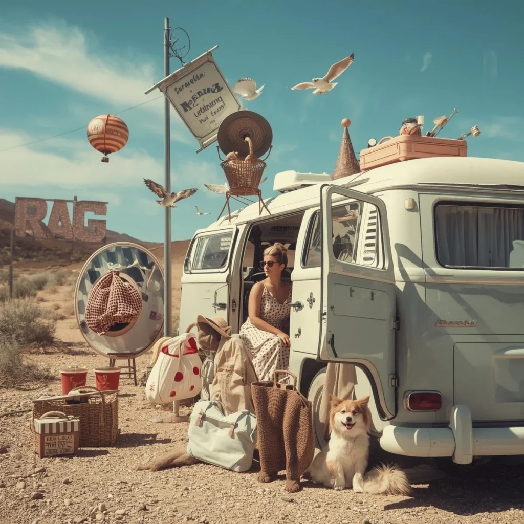 photo imaginaire d'une femme et son chien dans un van dans le desert 