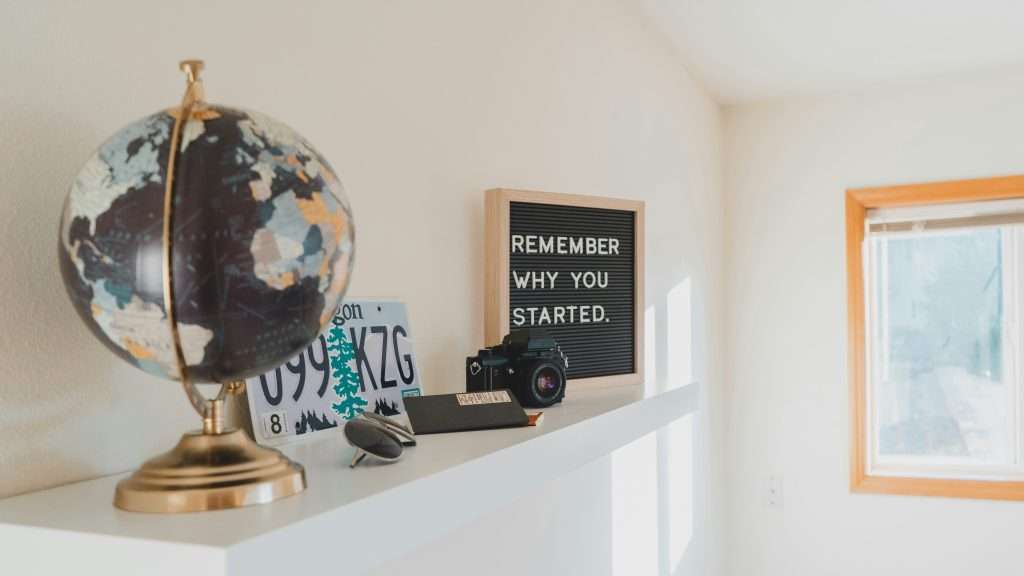 etagere blanche avec un globe et un appareil photo