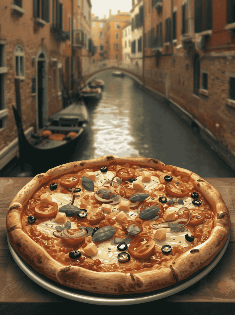 pizza servie devant un canal de venise