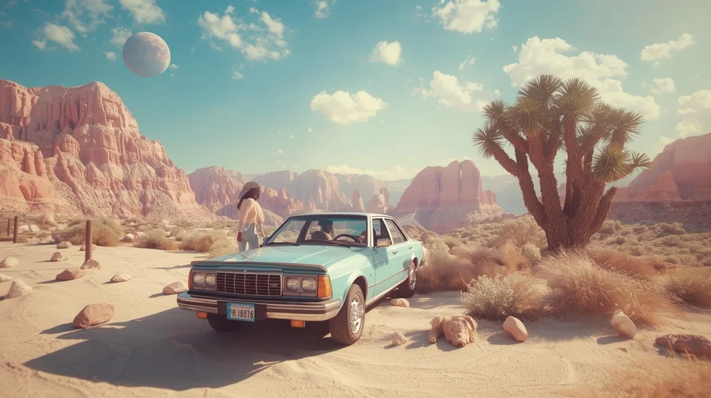 voyage imaginaire femme devant un voiture bleue vintage dans le desert