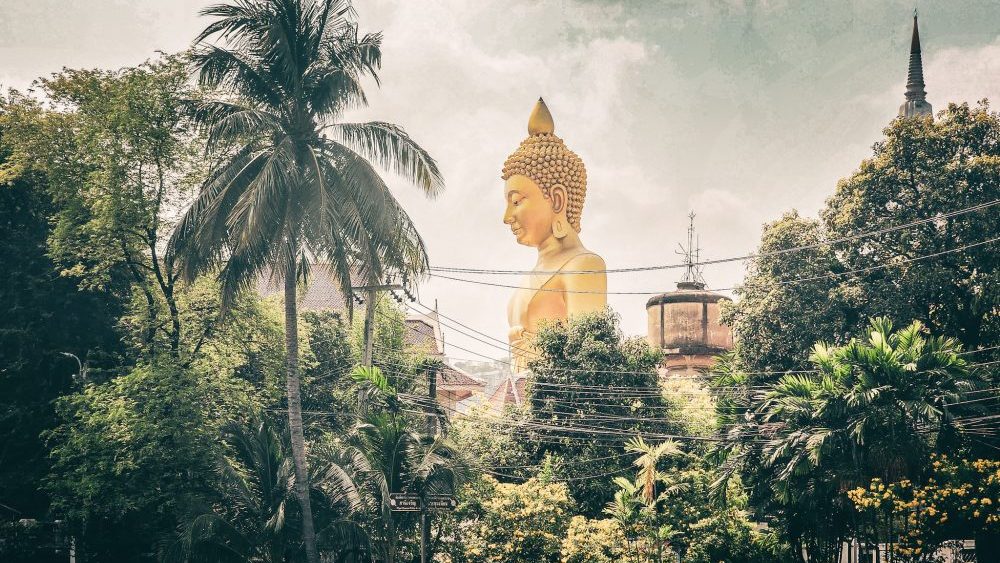 wat traimit tete de boudha doré geant a travers le vegetation de bangkok