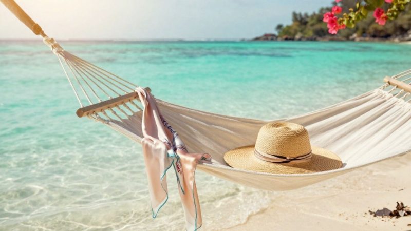 hamac en bord de mer avec un chapeau de paille et un foulard rose posé dessus