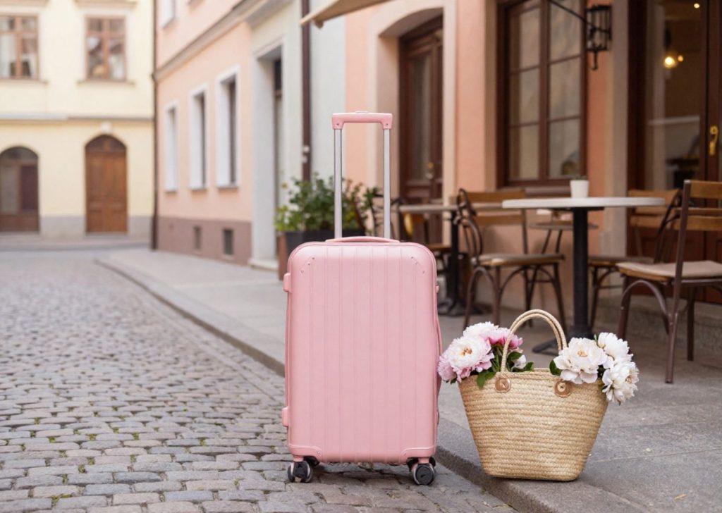 valise rose et panier pose sur le trottoir d'une ville