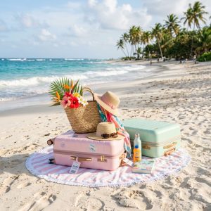 valise chapeau et panier sur un plage paradisiaque
