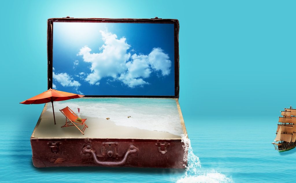 fantasy, to travel, nature, travel, vacations, suitcase, sea, beach, luggage, dreams, holiday plans, travel plans, surreal, imagination, image montage