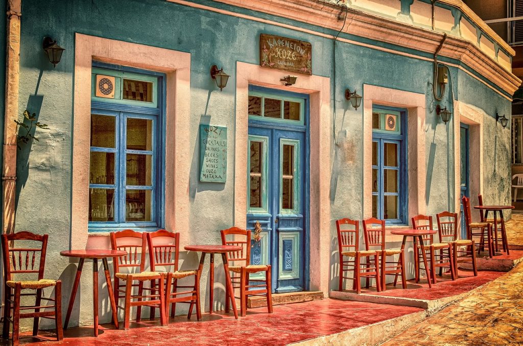 cafe, building, greece, karpathos island, facade, architecture, chairs, tables, front, windows, nature, door, restaurant, empty, closed, street, outdoors, summer, mediterranean, hd wallpaper