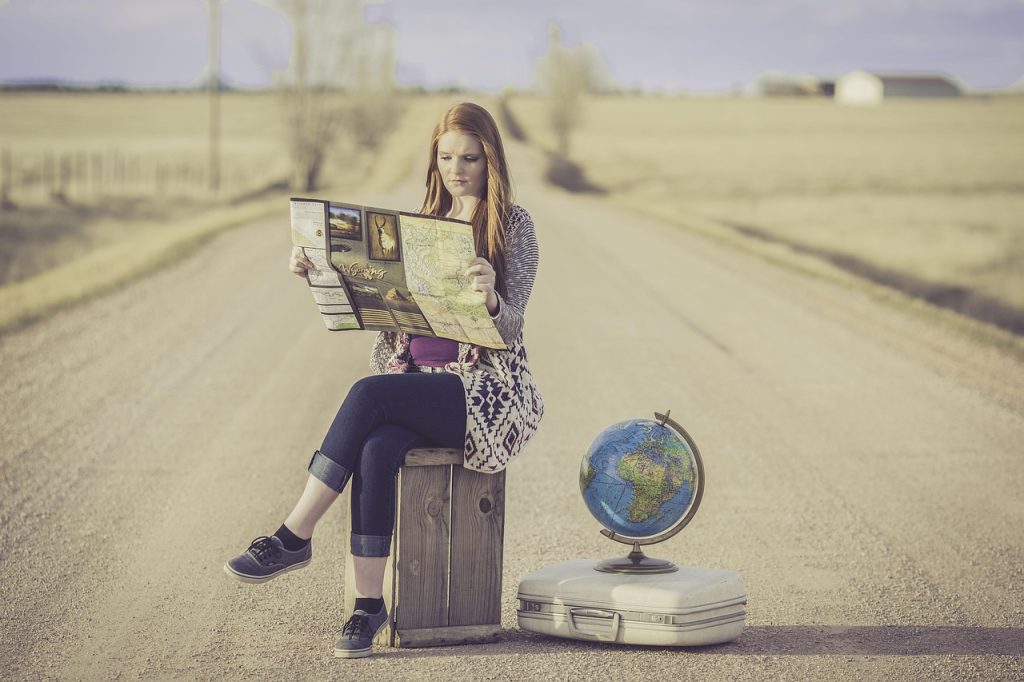 globe trotter, world map, traveller, globe, map, journey, planning, waiting, female, woman, world, road, dirt road, travel, traveling, outdoors, young woman