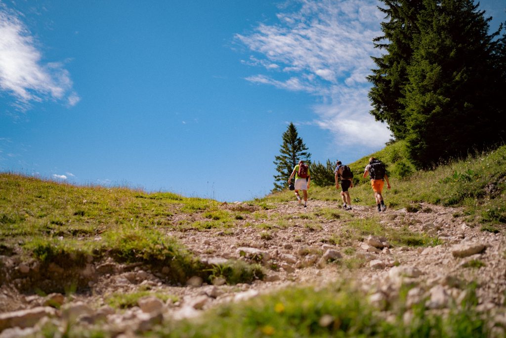 Group of hikers climbing a rocky trail in the Bavarian Alps under a clear blue sky.