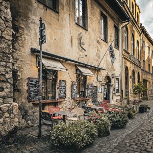 Terrasse de restaurant dans le quartier juif de Kazimierz à Cracovie