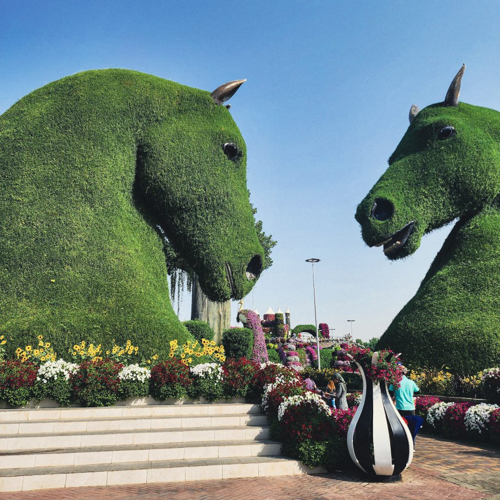 deux tetes de chevaux geantes couverte de vegetation dans le parc dubai miracle garden