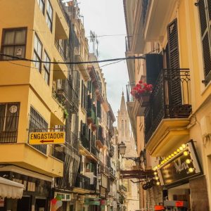 From below residential buildings with balconies and signboards located on narrow street in town