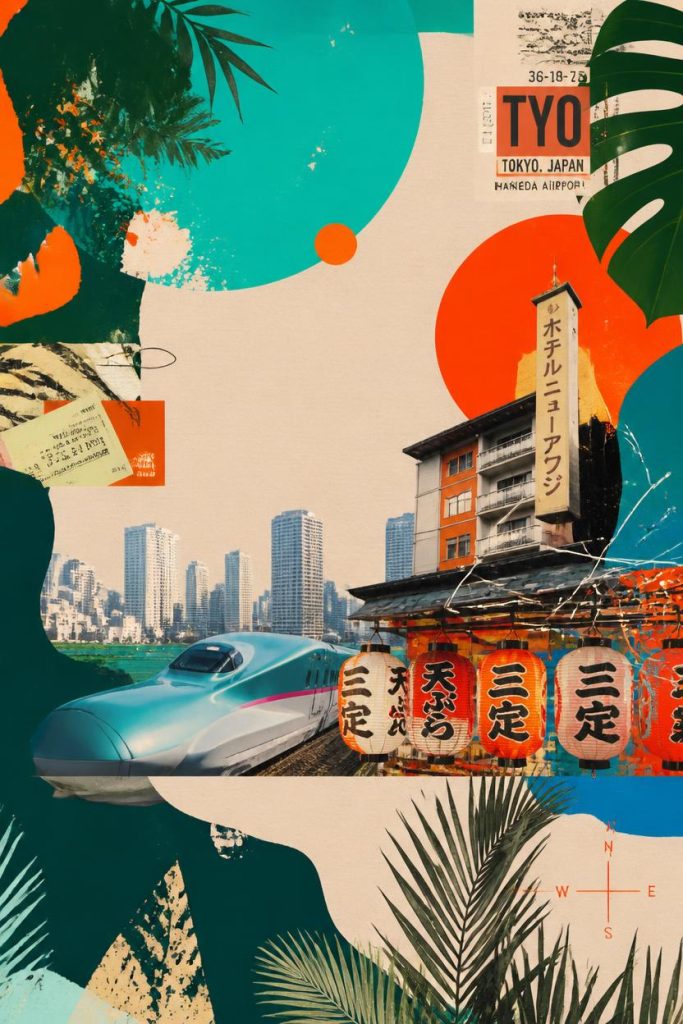 illustration aesthetic temple shinkansen et ville au japon