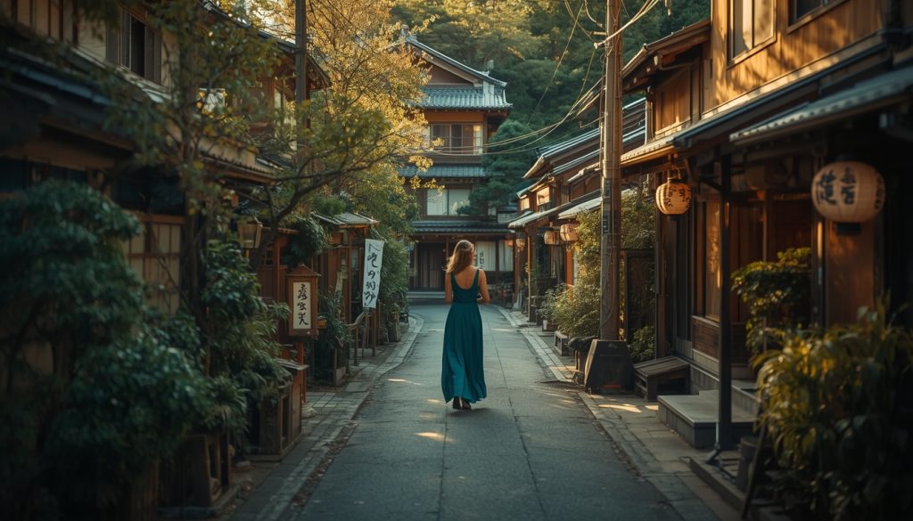 femme de dos en robe longue bleue dans une ruelle traditionelle du japon