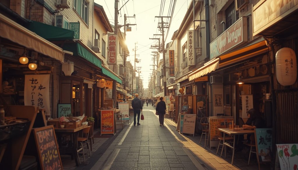 echoppes de restaurant dans une rue du japon lamions et enseignes traditionelles