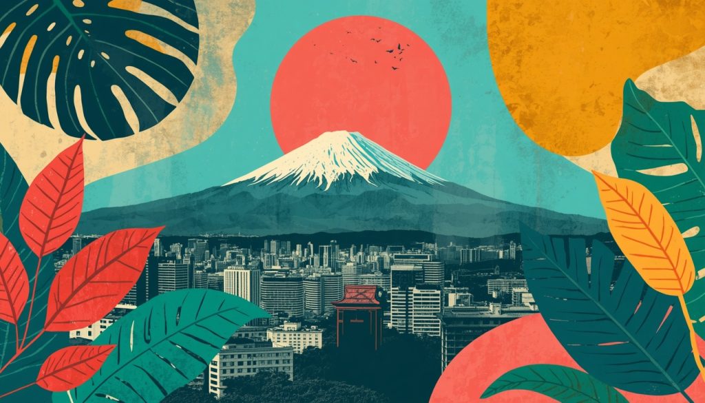 illustration du mpont fuji au japon entouré de feuilles et d'un soleil orange