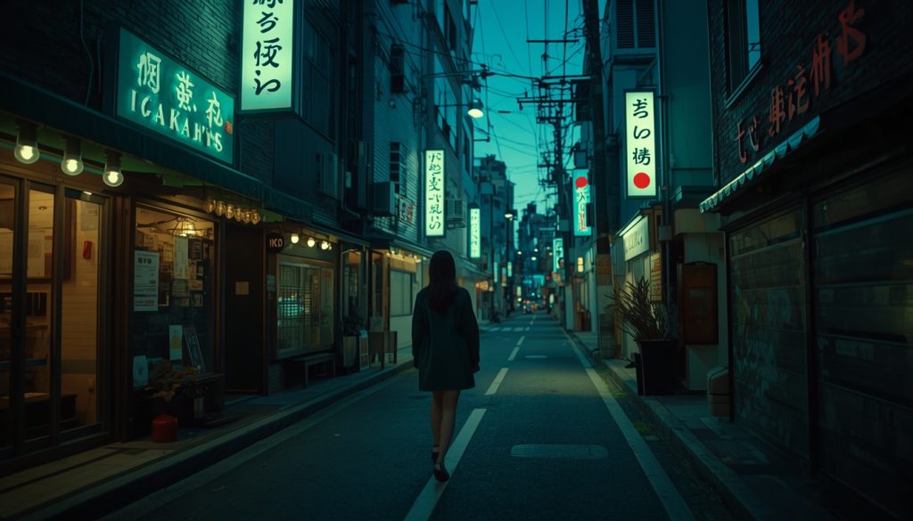 femme de dos dans une rue du japon avec des enseignes typiques illuminées