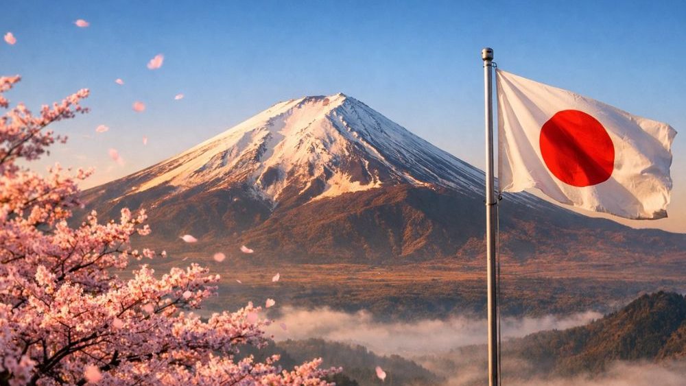 mont fuji et drapeau du japon flottant